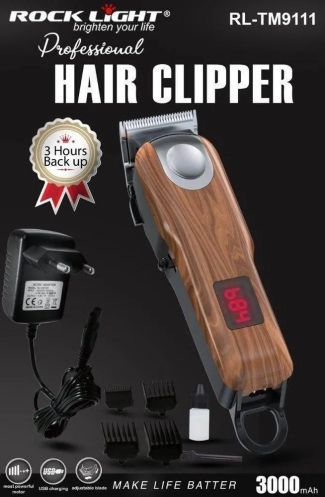 Manual Wooden Rock Light RL-9111 Rechargeable Hair Clipper With Digital Display, For Professional